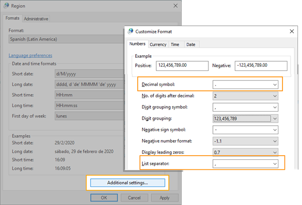 Settings for Decimal and List separator